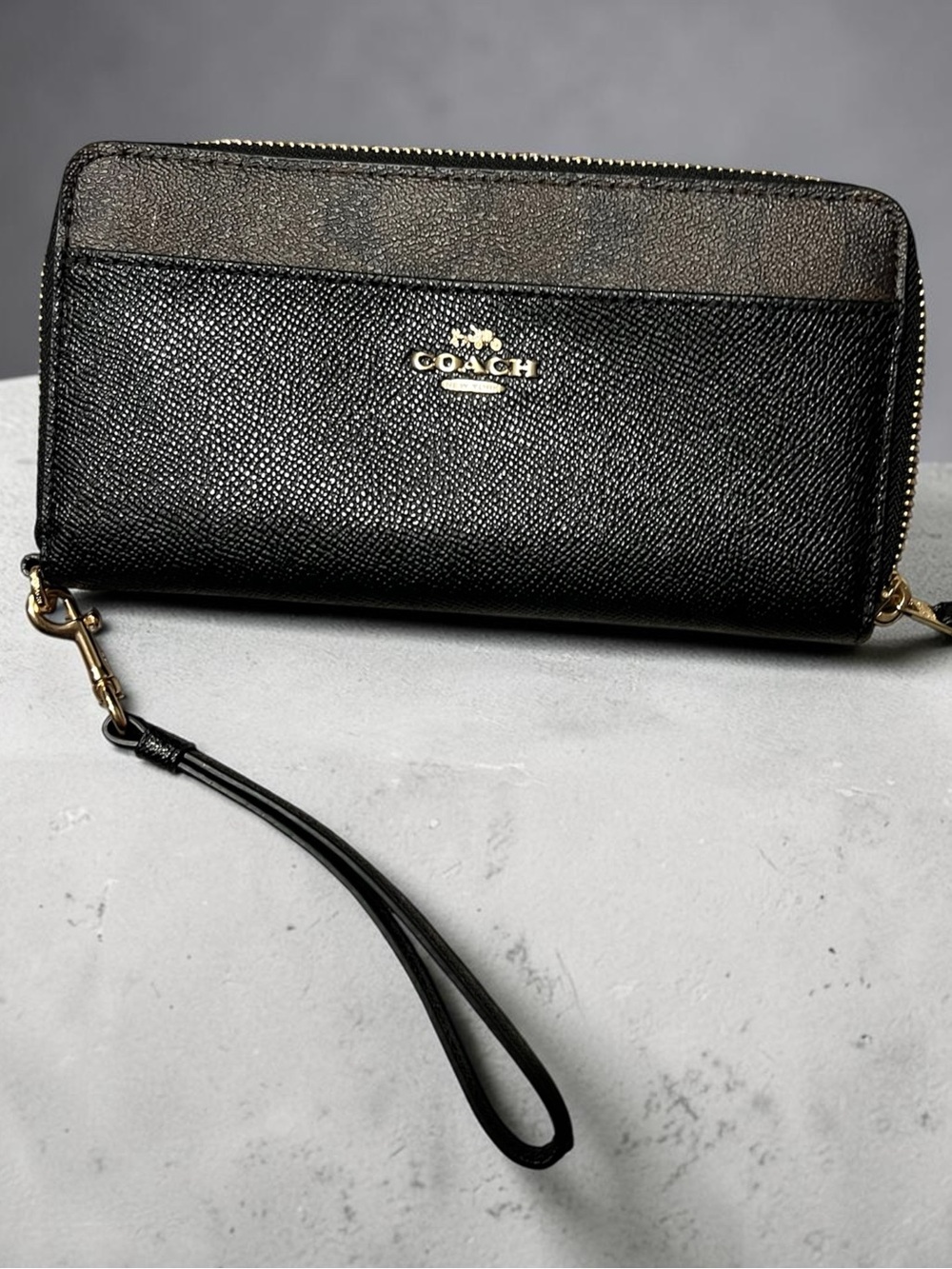 Coach Black Textured Leather Zip Wristlet with Gold Logo